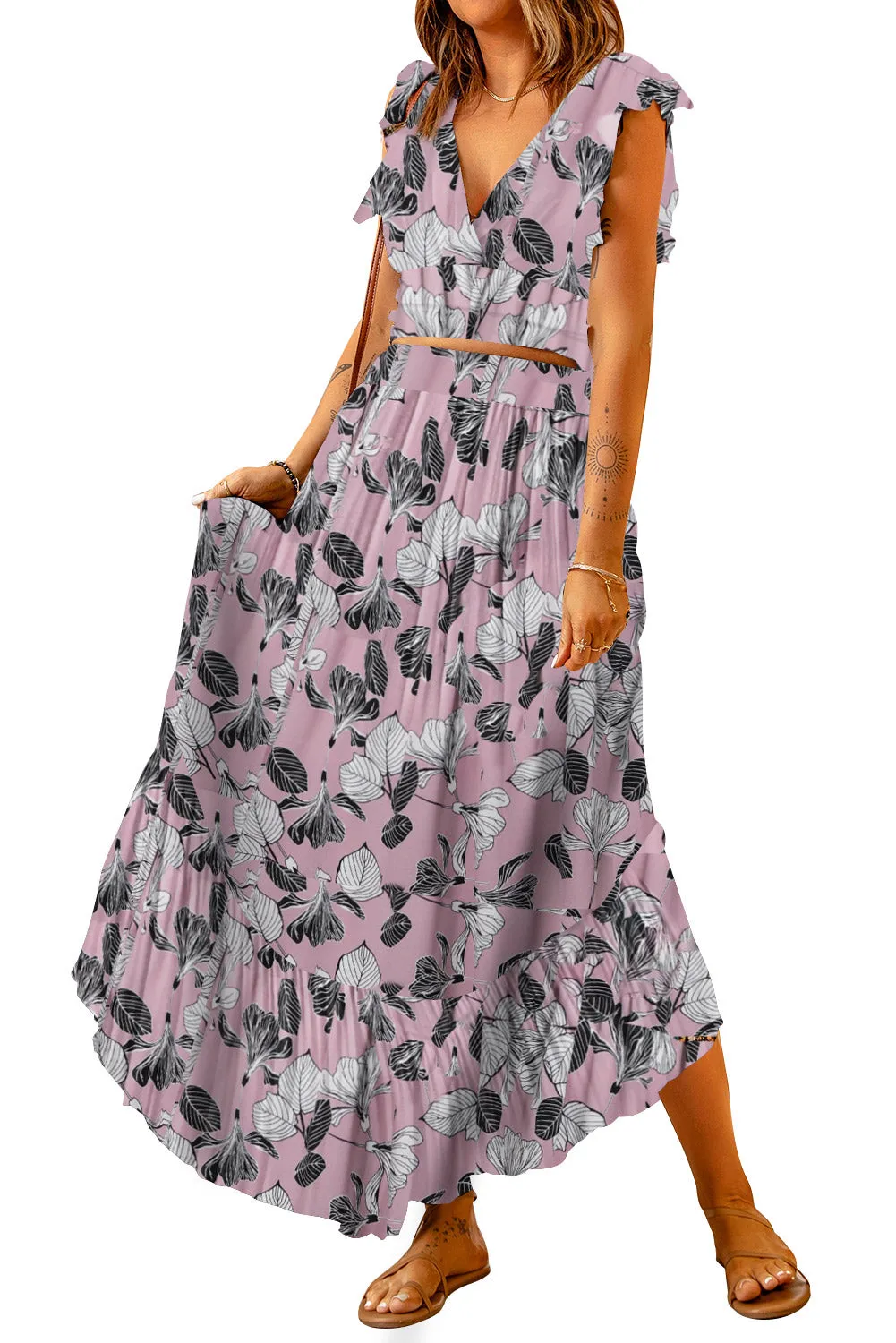 Boho Floral Printed Tie Back Cropped Top and Maxi Skirt Set