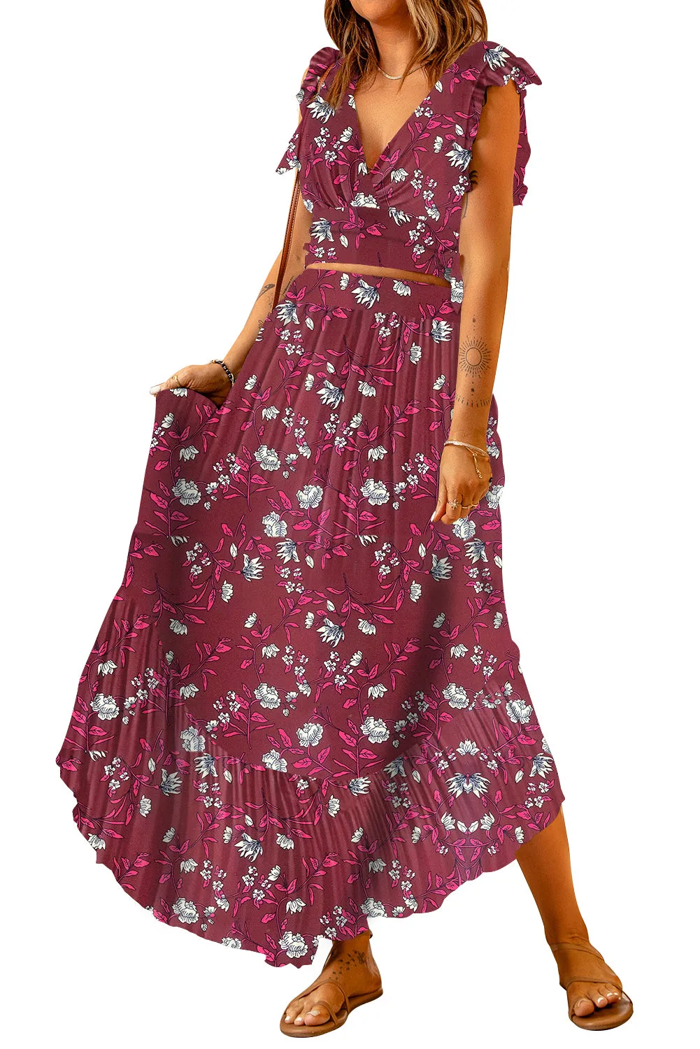 Boho Floral Printed Tie Back Cropped Top and Maxi Skirt Set