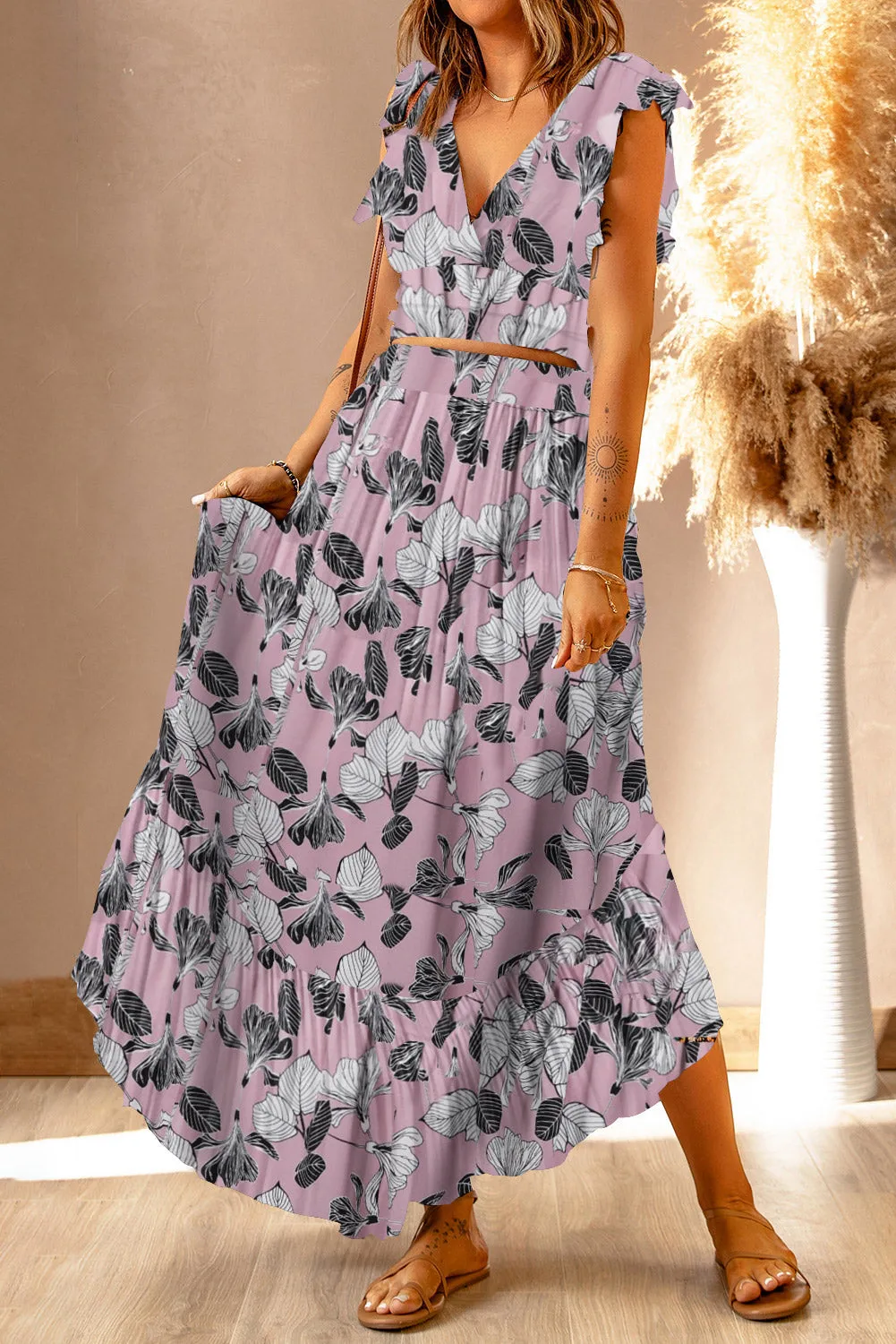 Boho Floral Printed Tie Back Cropped Top and Maxi Skirt Set