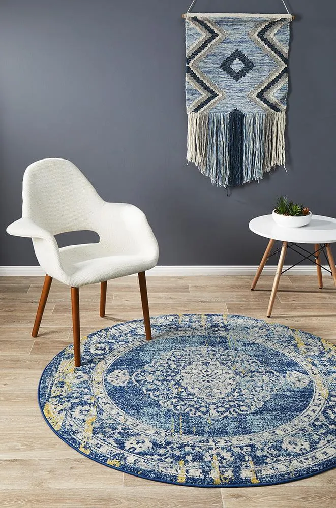 Boho Vintage April Navy Round Rug