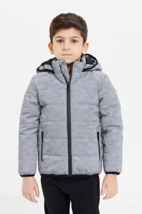 Boys Grey Reflective Puffer Hooded Jacket