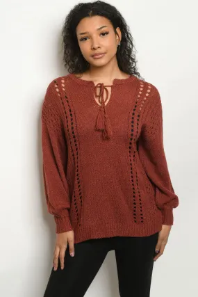 Brick Red Knit Long Sleeve Sweater