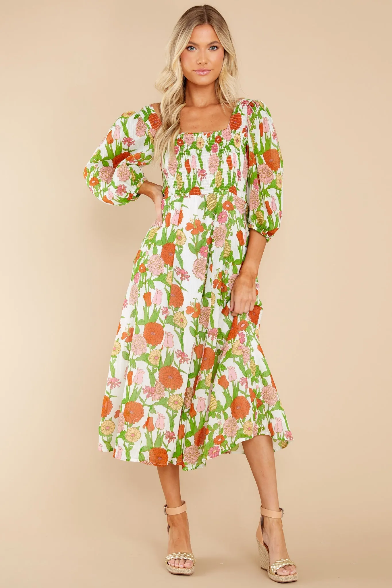 Bridget Mod Floral Melon Midi Dress