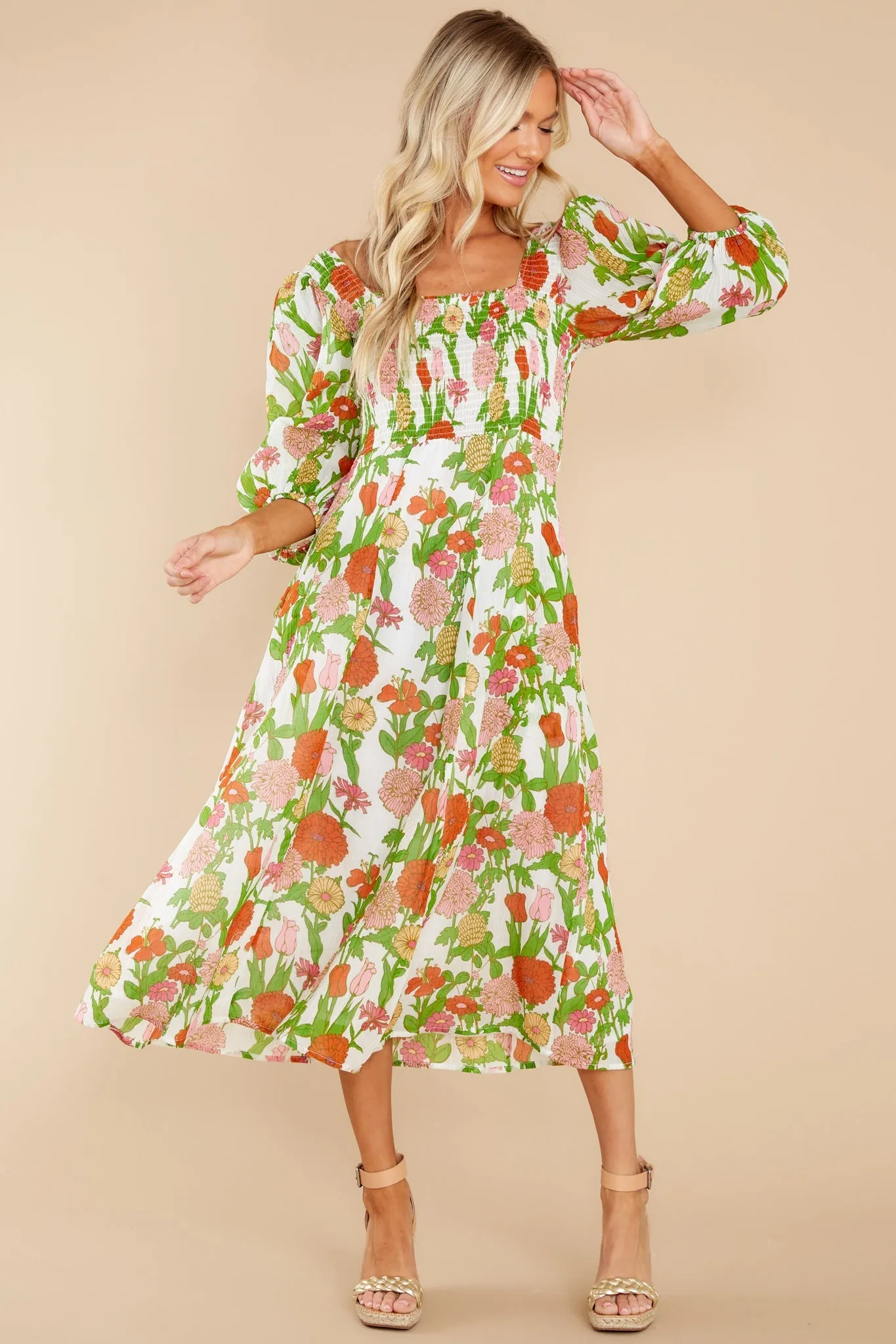 Bridget Mod Floral Melon Midi Dress