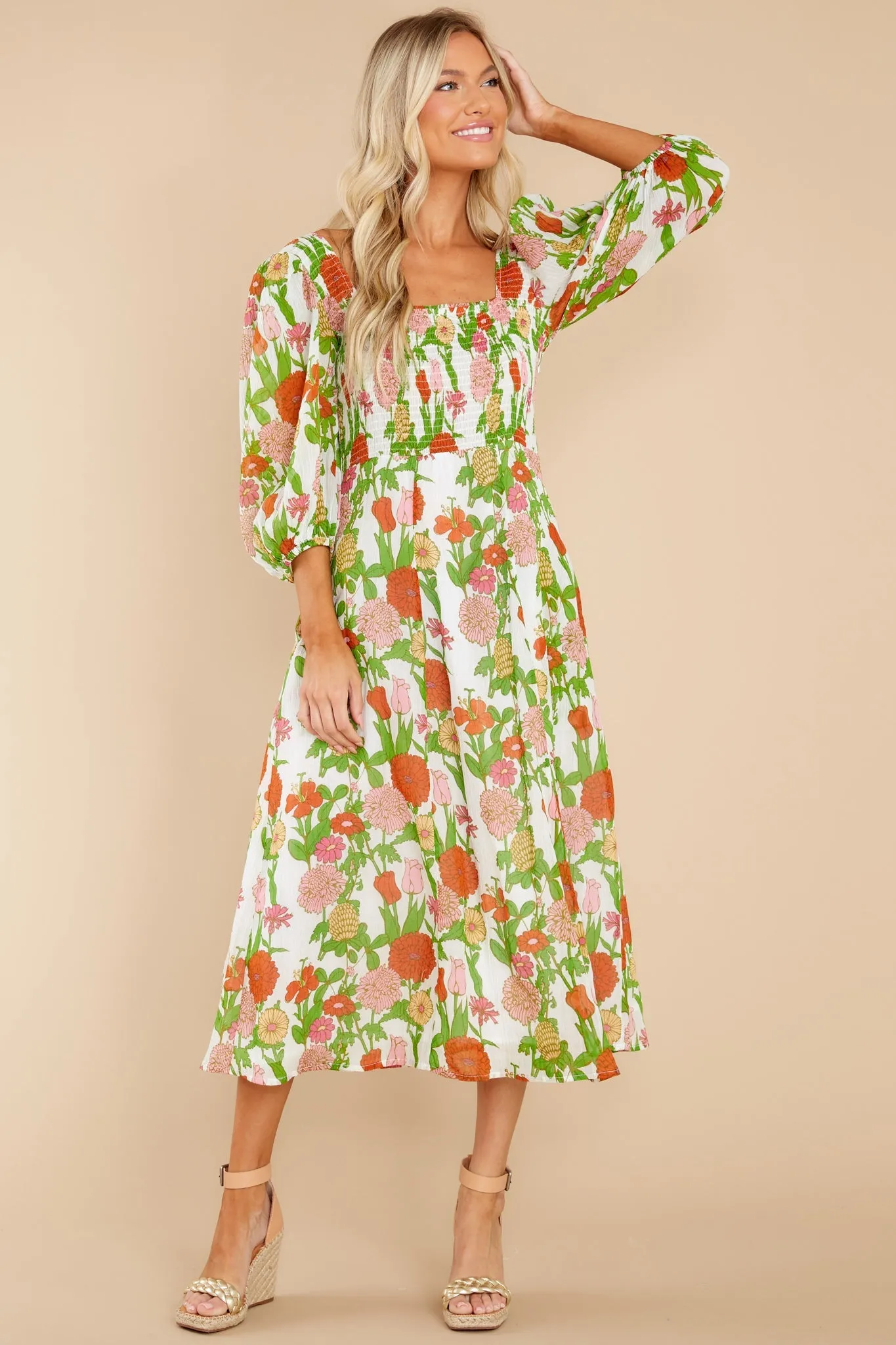 Bridget Mod Floral Melon Midi Dress