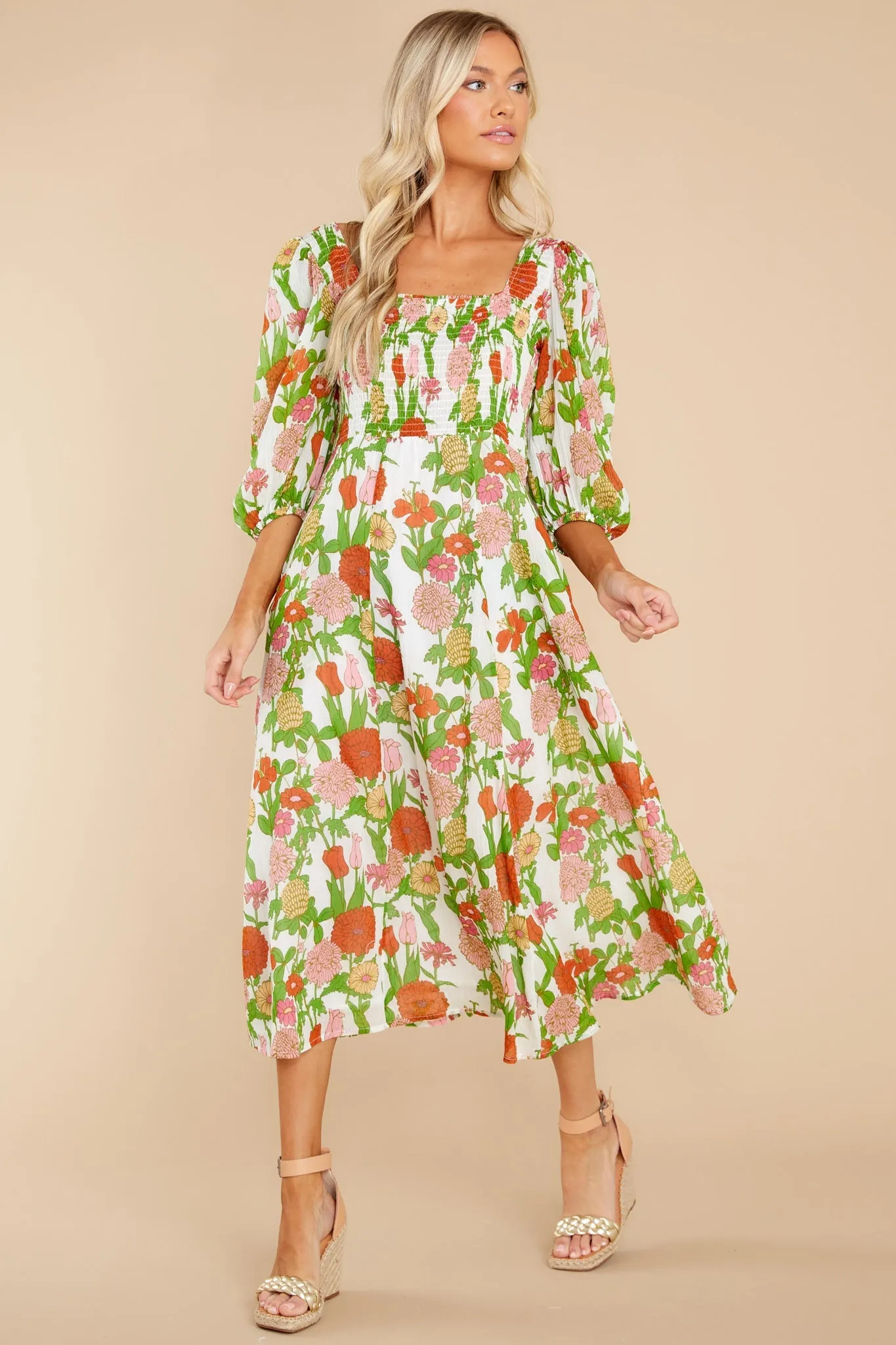 Bridget Mod Floral Melon Midi Dress