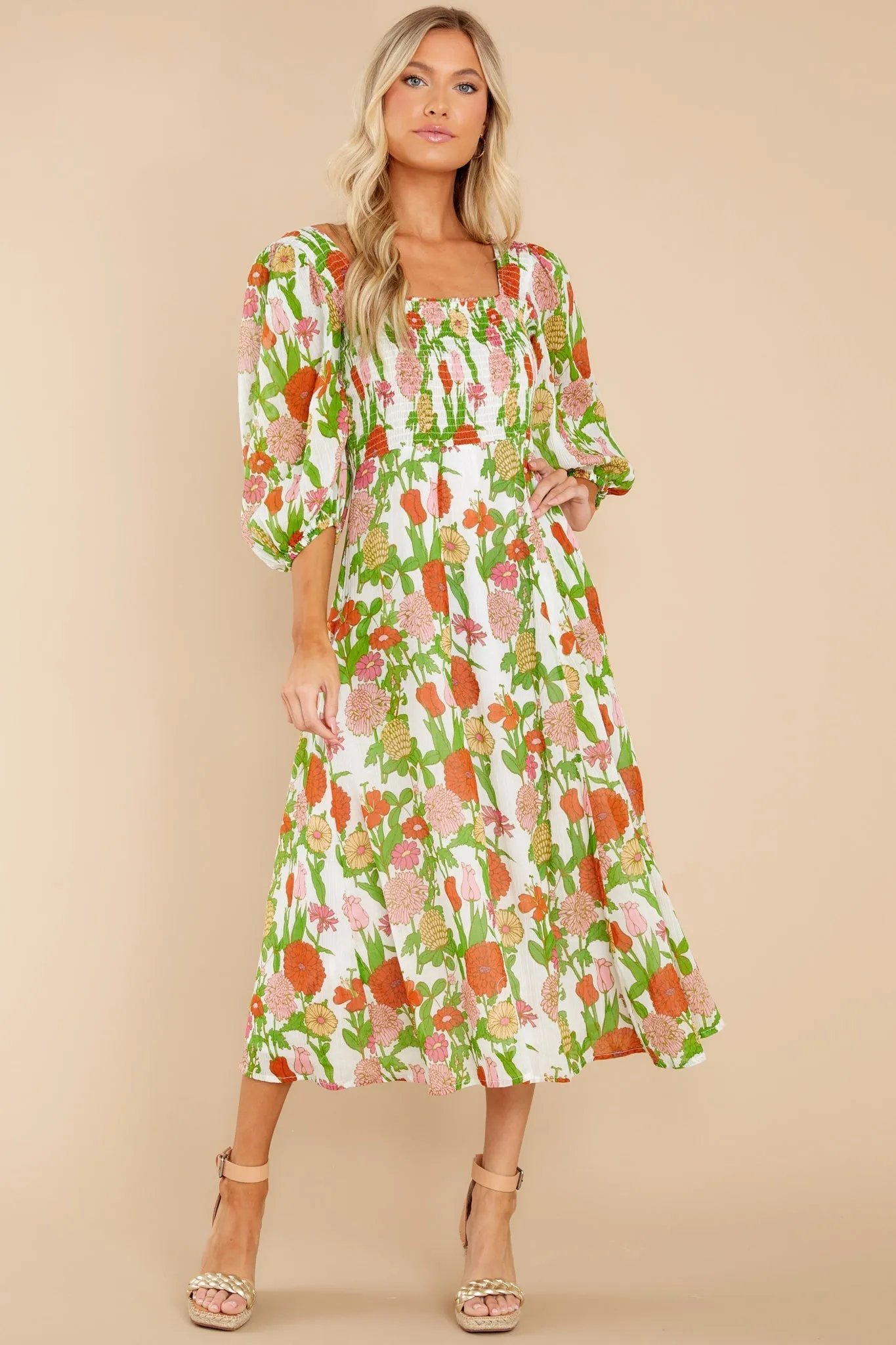 Bridget Mod Floral Melon Midi Dress