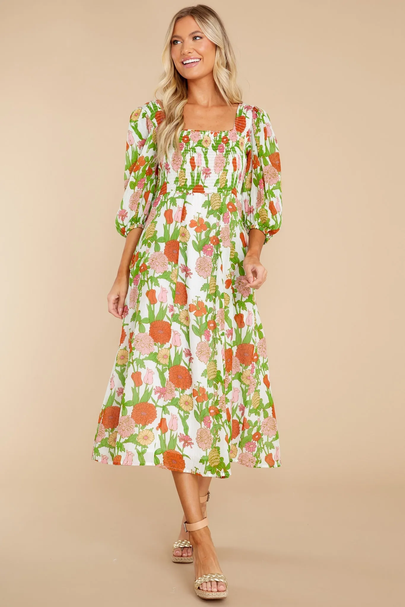 Bridget Mod Floral Melon Midi Dress