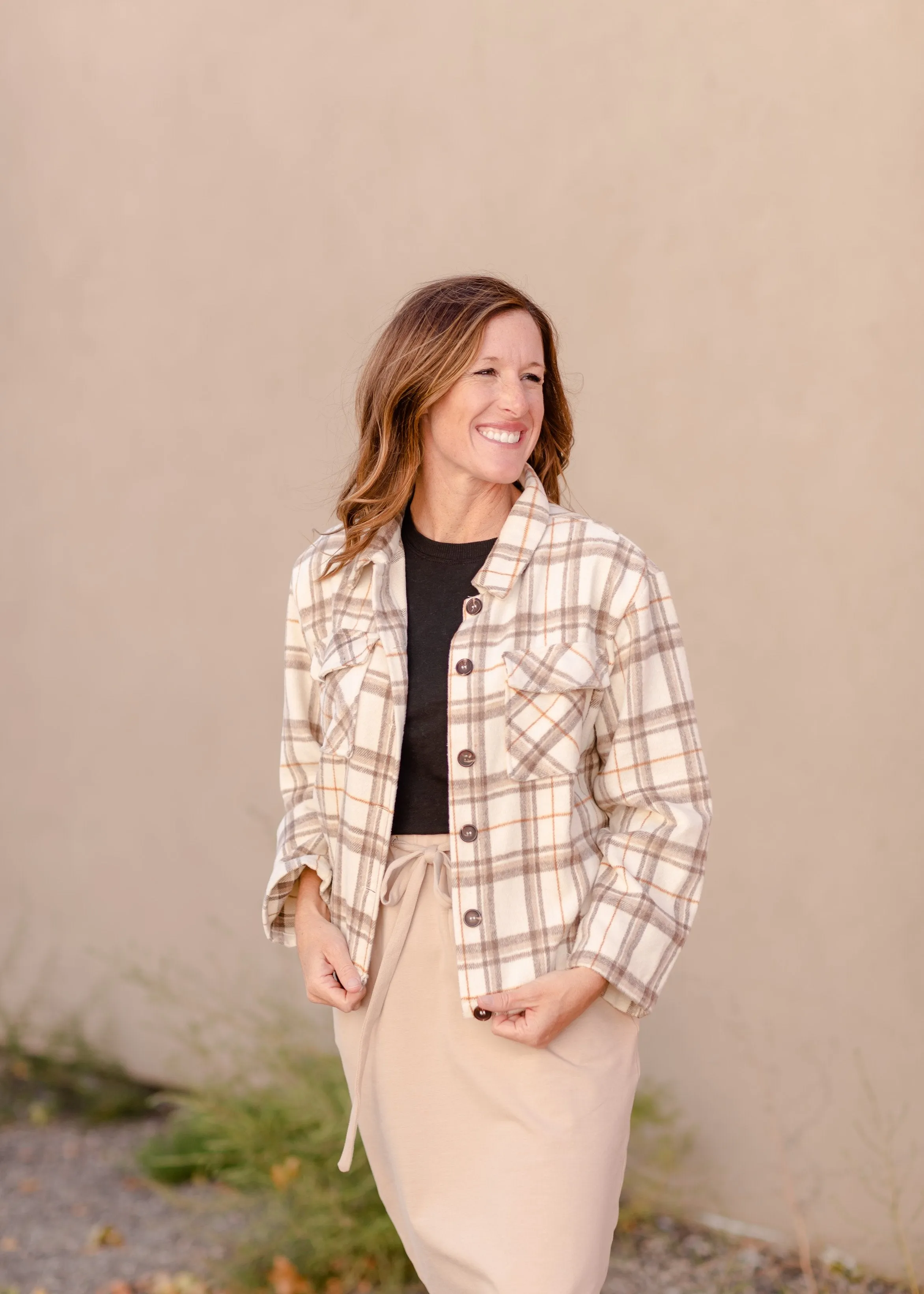 Brushed Plaid Wide Sleeve Patch Pocket Shacket