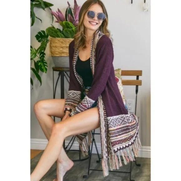 Burgundy Bohemian Tribal Aztec Print Fringe Open Front Cardigan Knit Sweater