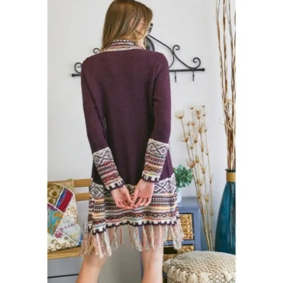 Burgundy Bohemian Tribal Aztec Print Fringe Open Front Cardigan Knit Sweater