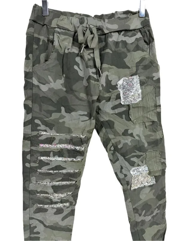 Camouflage Crinkle Jogger pants w/ Sequin Patches