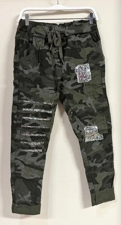 Camouflage Crinkle Jogger pants w/ Sequin Patches