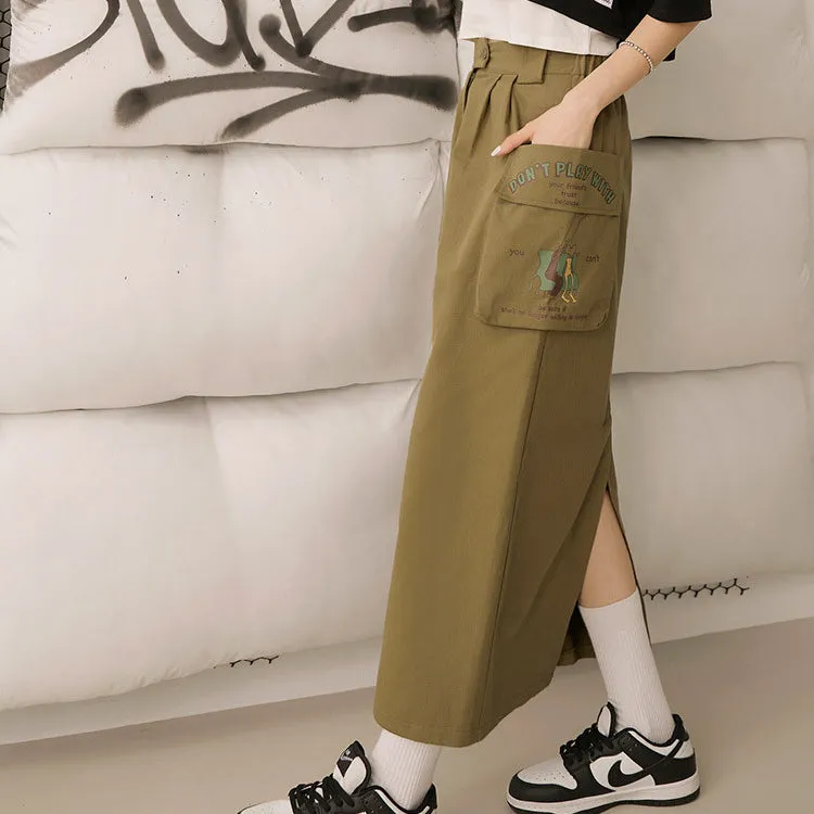 Casual Cotton Long Print Pocket Cargo Maxi Skirt