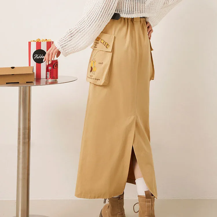 Casual Cotton Long Print Pocket Cargo Maxi Skirt