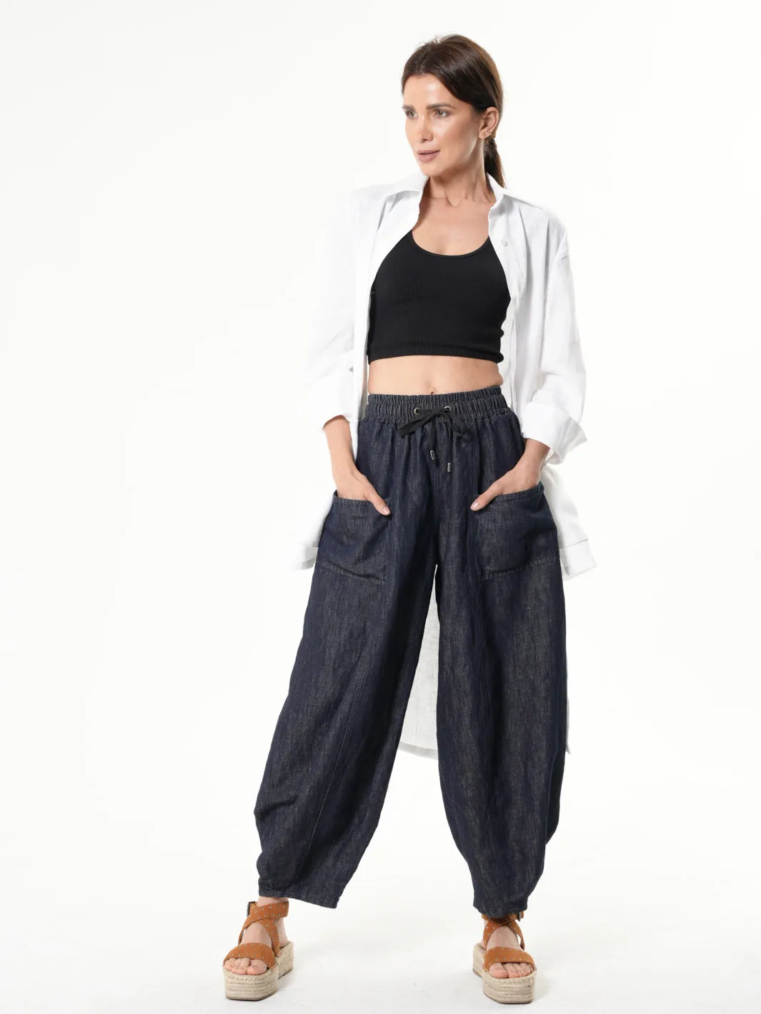 Casual Denim Pants With Linen