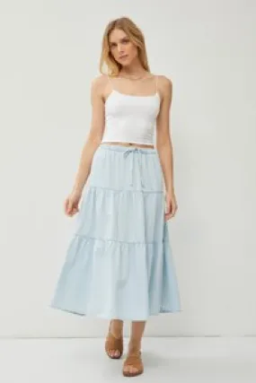 Chambray Pull On Light Wash Tiered Midi Skirt 71095