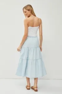 Chambray Pull On Light Wash Tiered Midi Skirt 71095