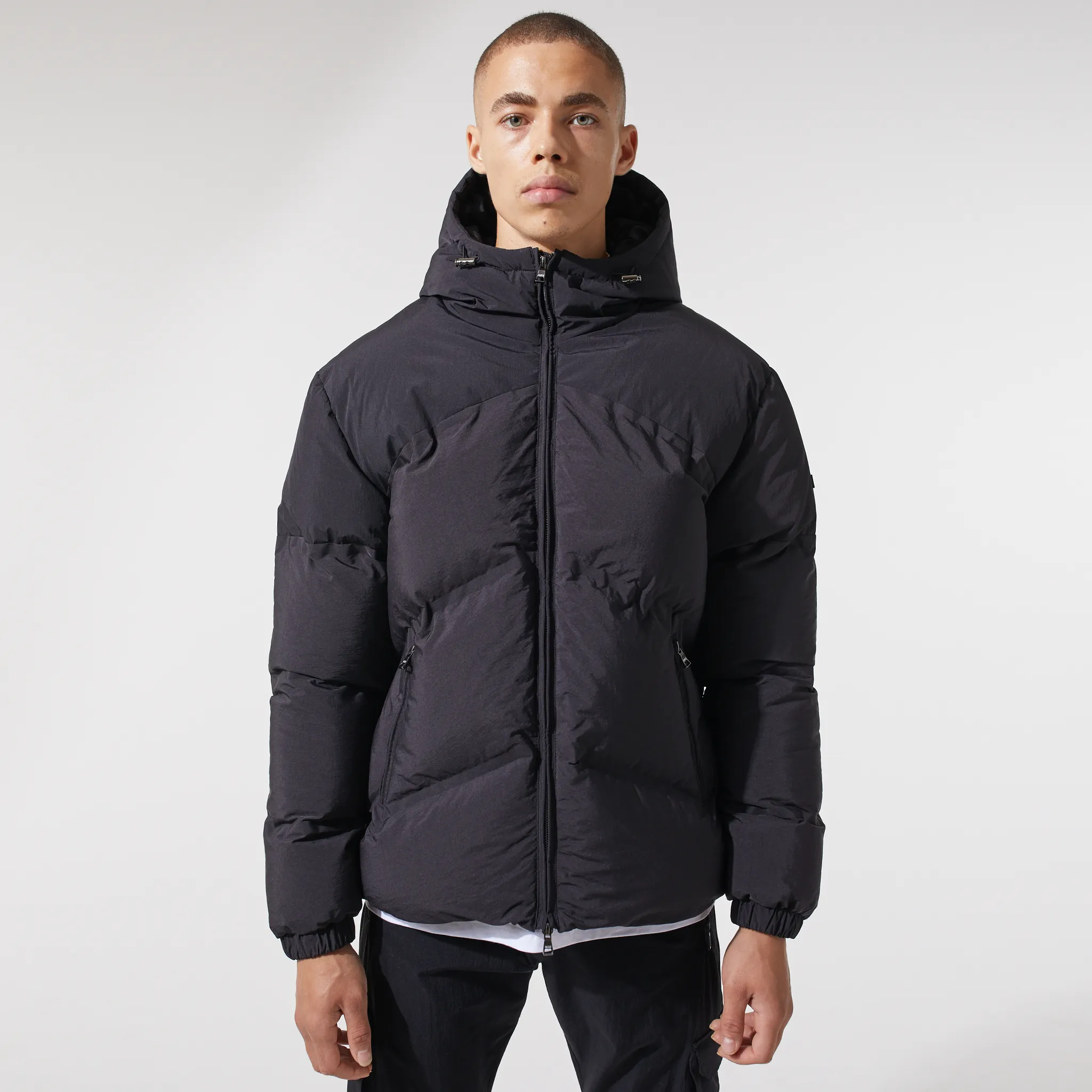 Chevron Hooded Puffer Jacket | Black