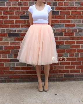 Claire Blush Peach Soft Tulle Skirt - Below Knee Midi