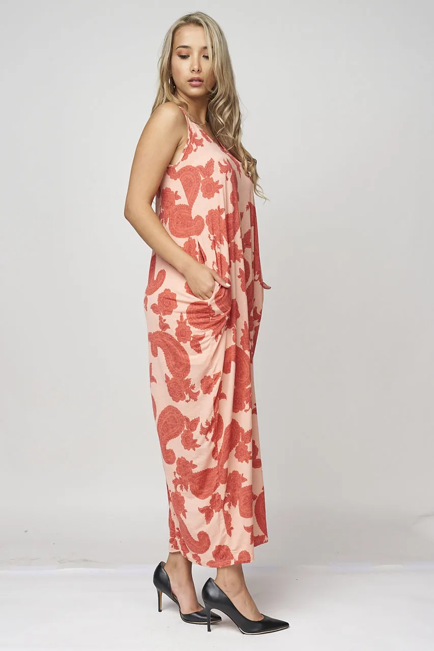 Coral Paisley Print Plus Size Maxi Dress