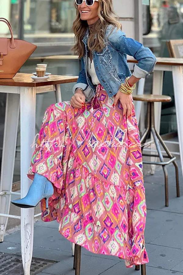 Courtyard Dreaming Bohemian Print Elastic Waist Tassel Maxi Skirt