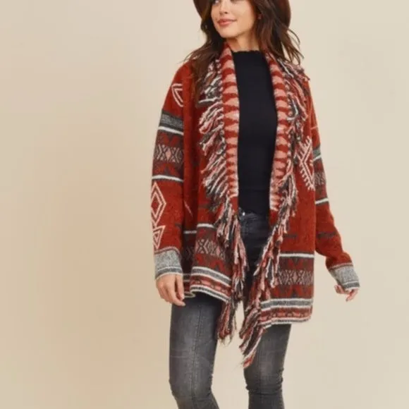 Cowichan Boho Aztec Native Fringe Print Soft Knit Cardigan Sweater Womens