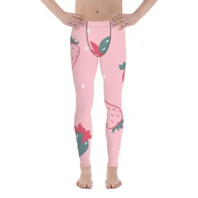 Cute Pink Strawberry Men's Leggings, Pink Abstract Strawberry Print Premium Designer Men's Tight Pants - Made in USA/EU/MX