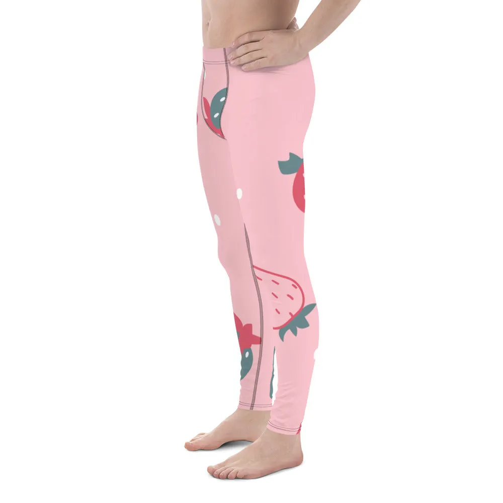 Cute Pink Strawberry Men's Leggings, Pink Abstract Strawberry Print Premium Designer Men's Tight Pants - Made in USA/EU/MX