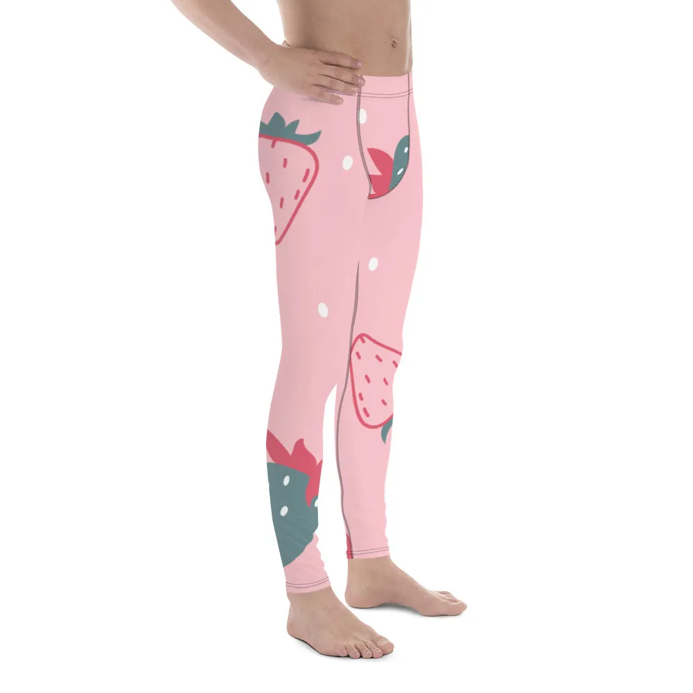 Cute Pink Strawberry Men's Leggings, Pink Abstract Strawberry Print Premium Designer Men's Tight Pants - Made in USA/EU/MX