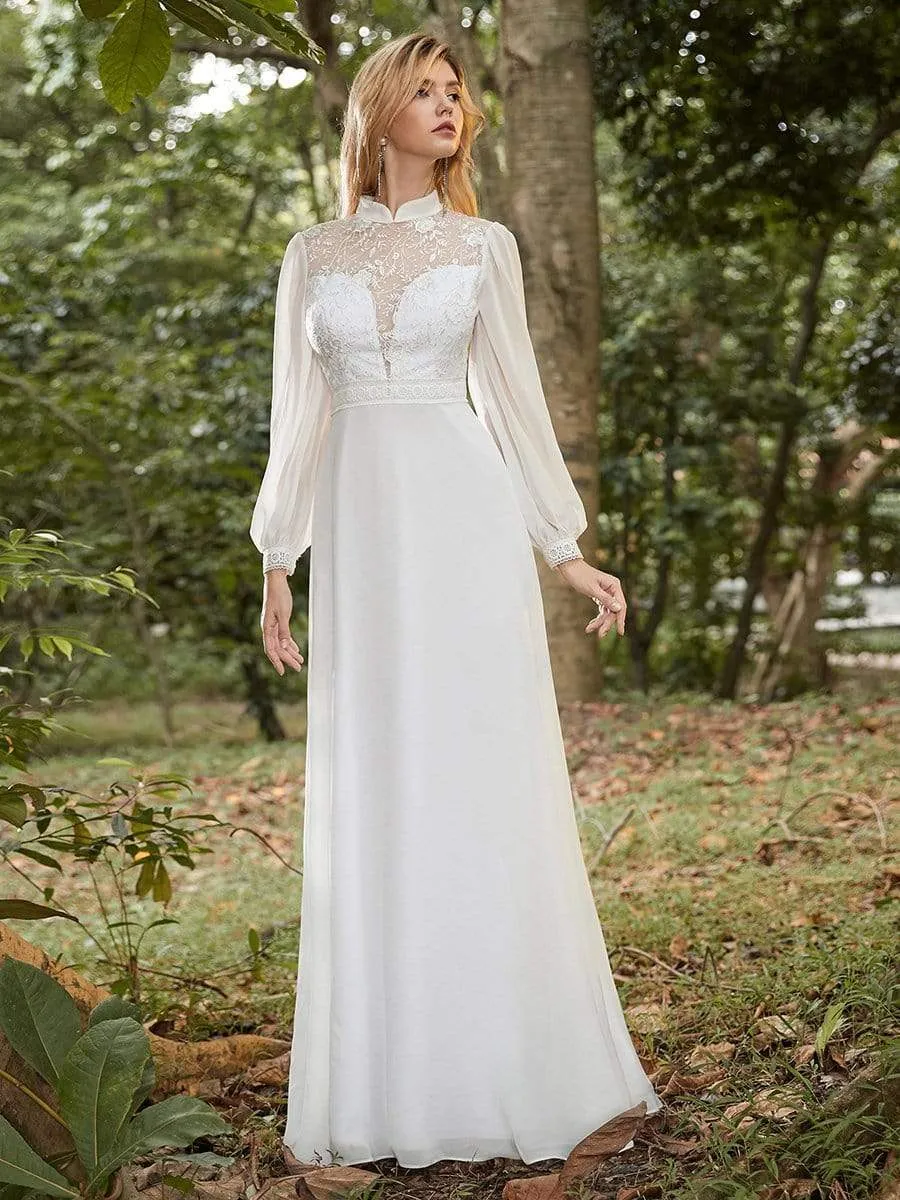 Dainty Floor Length Chiffon Wedding Dress with Mandarin Collar