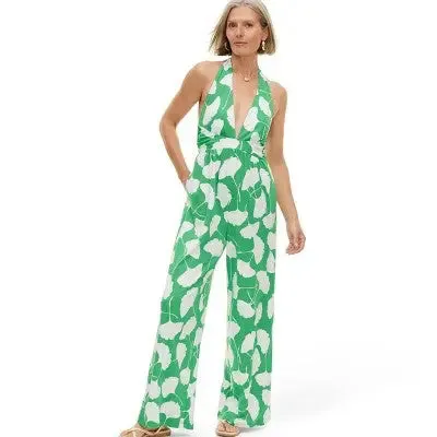 Diane von Furstenberg Women's Halter Jumpsuit Deep V-Neck, Ginkgo Green