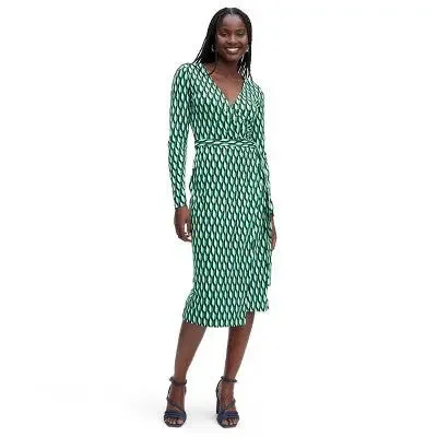 Diane von Furstenberg Women's Midi Wrap Dress Deep V-Neck Long Sleeve