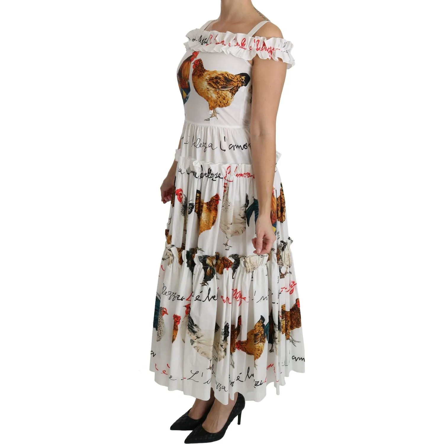 Dolce & Gabbana Elegant White Rooster Print Sheath Midi Dress