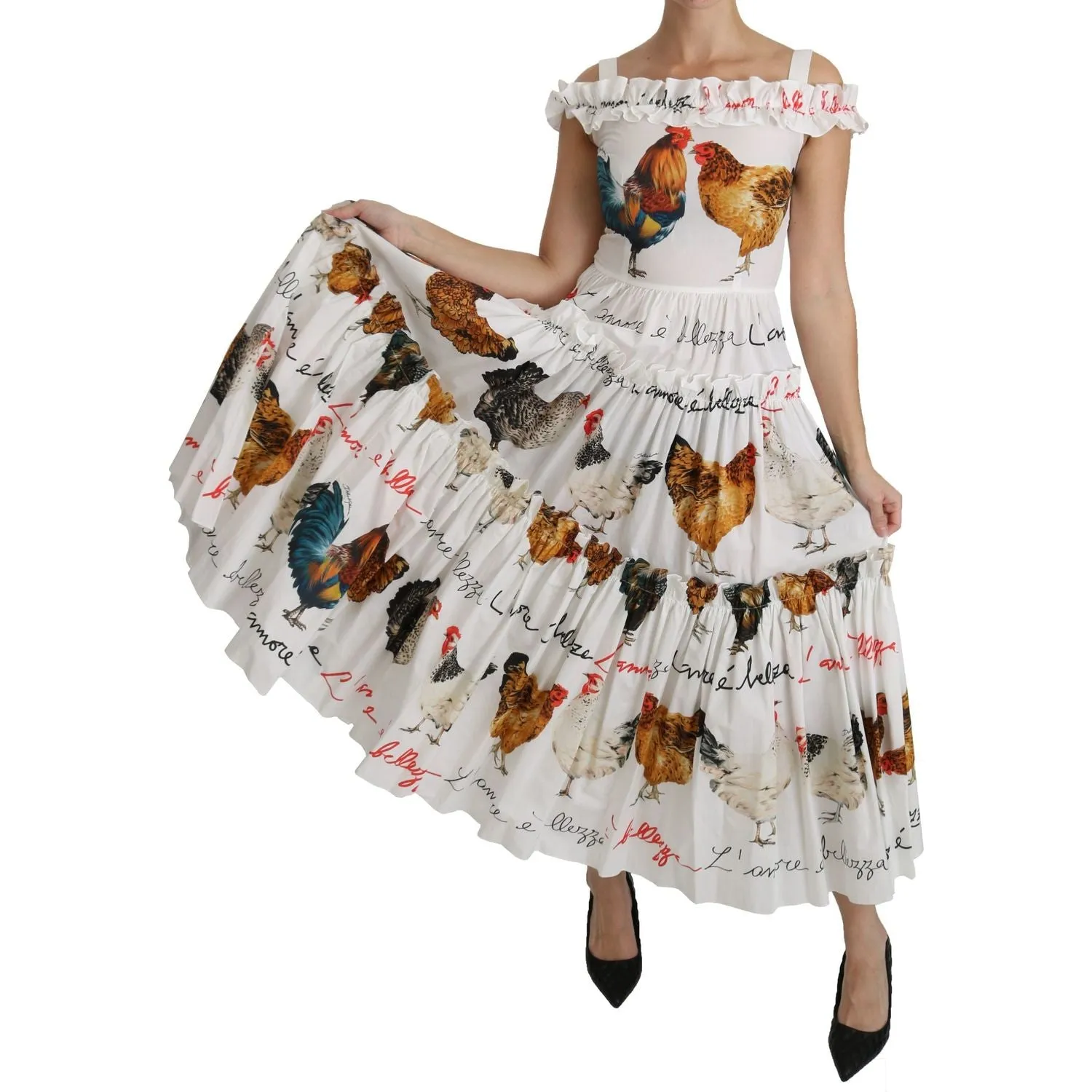 Dolce & Gabbana Elegant White Rooster Print Sheath Midi Dress