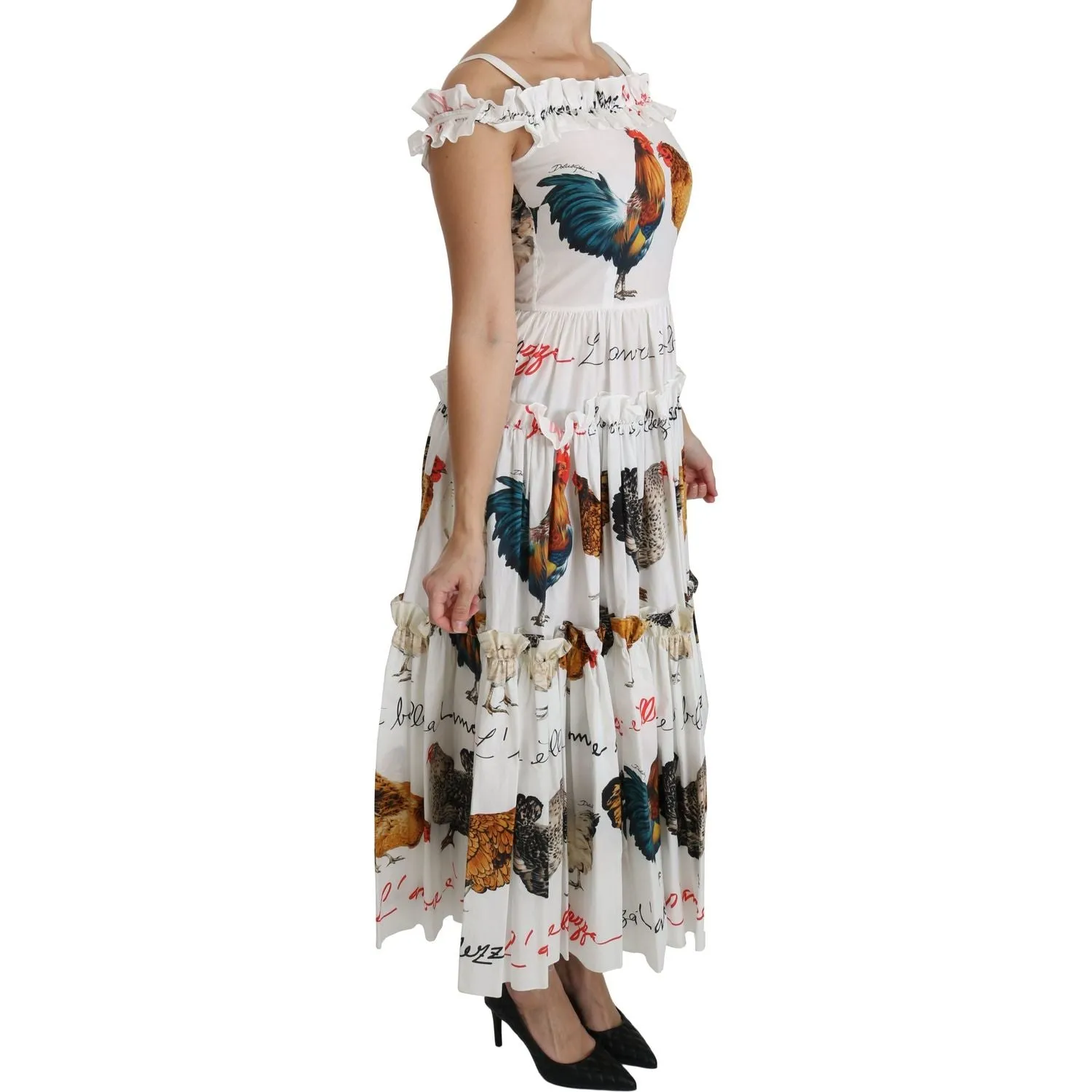 Dolce & Gabbana Elegant White Rooster Print Sheath Midi Dress