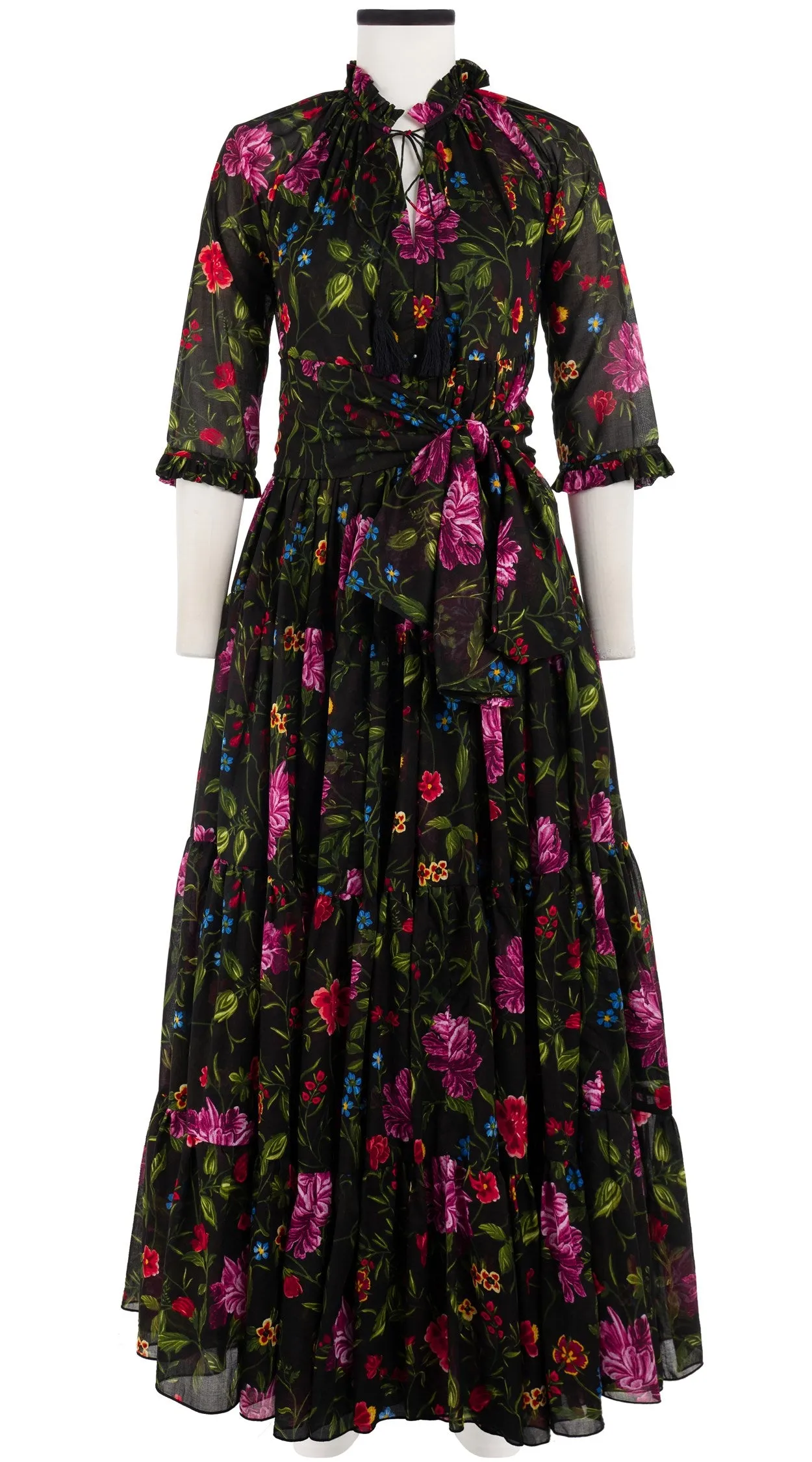 Eden Dress Crew Neck 3/4 Sleeve with Hamilton Belt Maxi Length Cotton Musola (Petite Flora)