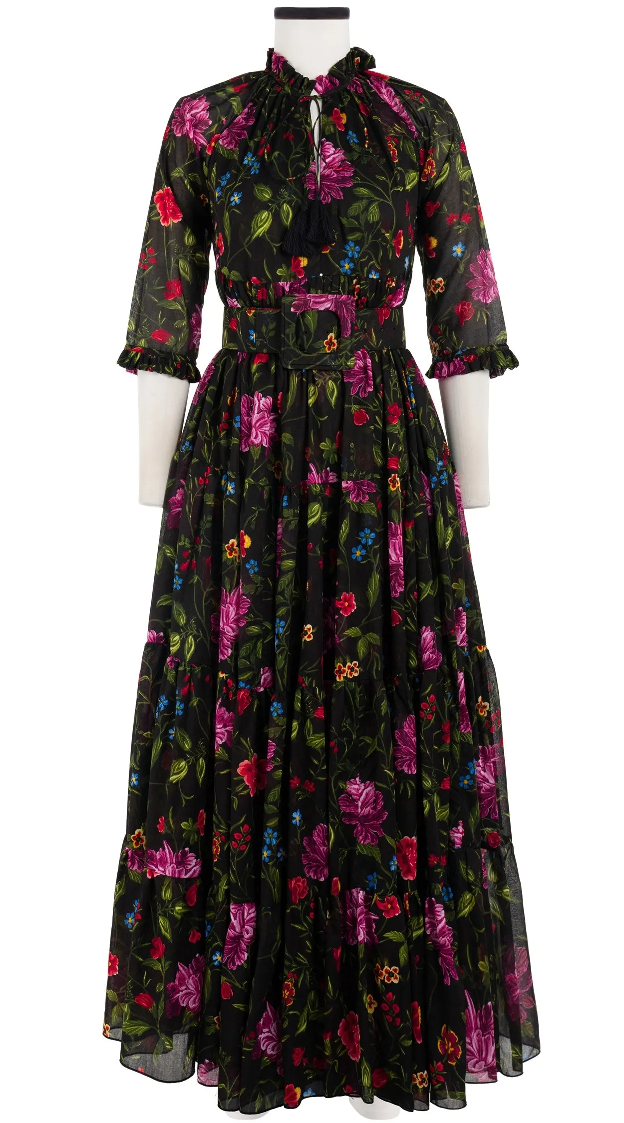 Eden Dress Crew Neck 3/4 Sleeve with Hamilton Belt Maxi Length Cotton Musola (Petite Flora)