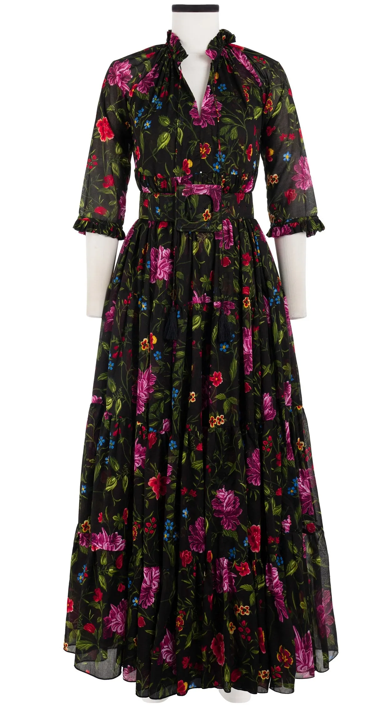 Eden Dress Crew Neck 3/4 Sleeve with Hamilton Belt Maxi Length Cotton Musola (Petite Flora)