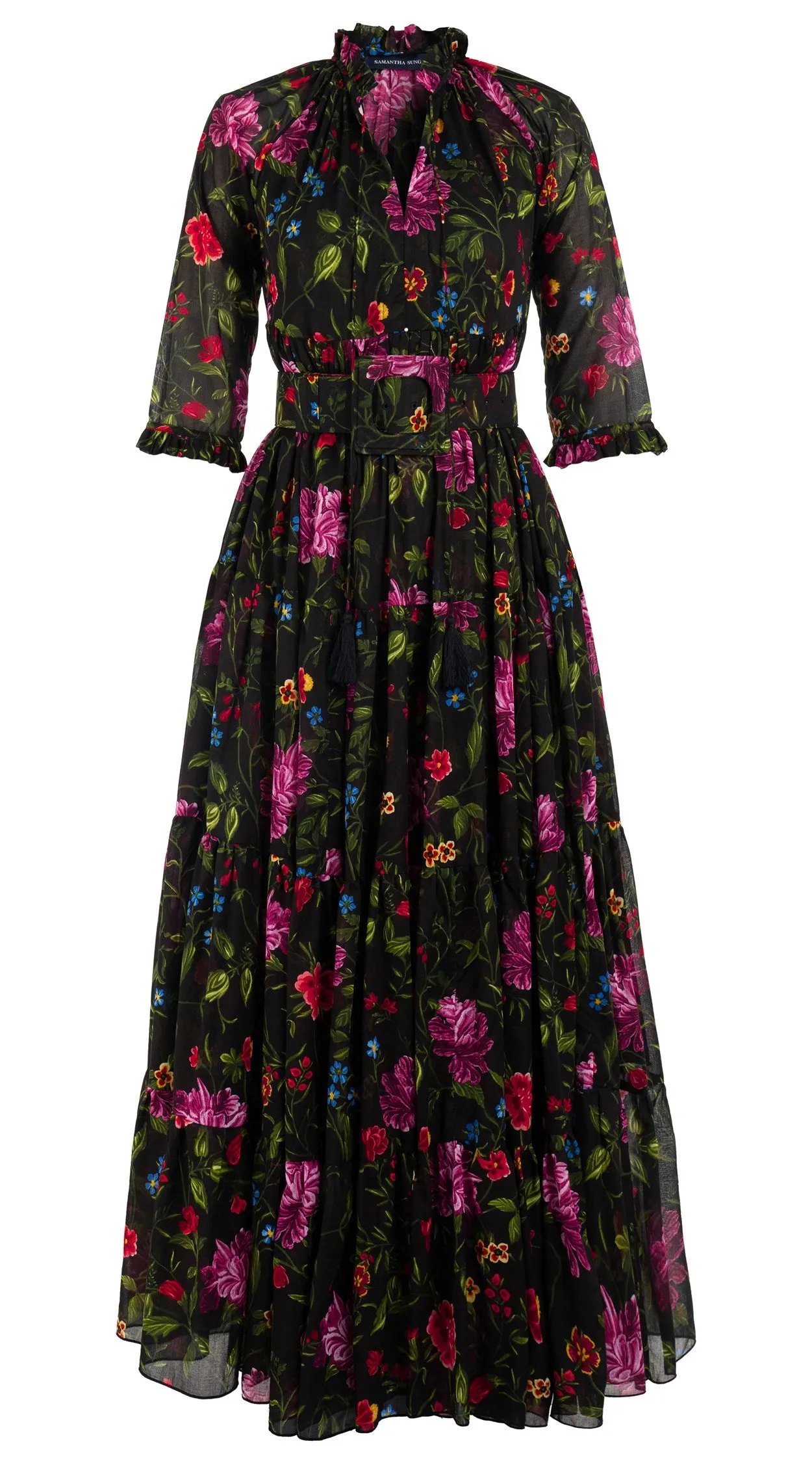 Eden Dress Crew Neck 3/4 Sleeve with Hamilton Belt Maxi Length Cotton Musola (Petite Flora)