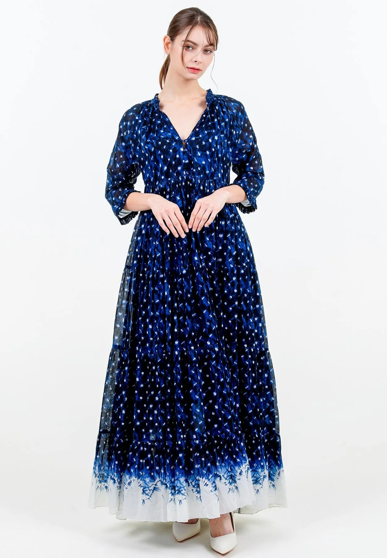 Eden Dress Crew Neck 3/4 Sleeve with Hamilton Belt Maxi Length Cotton Musola (Shibori Midnight Border)