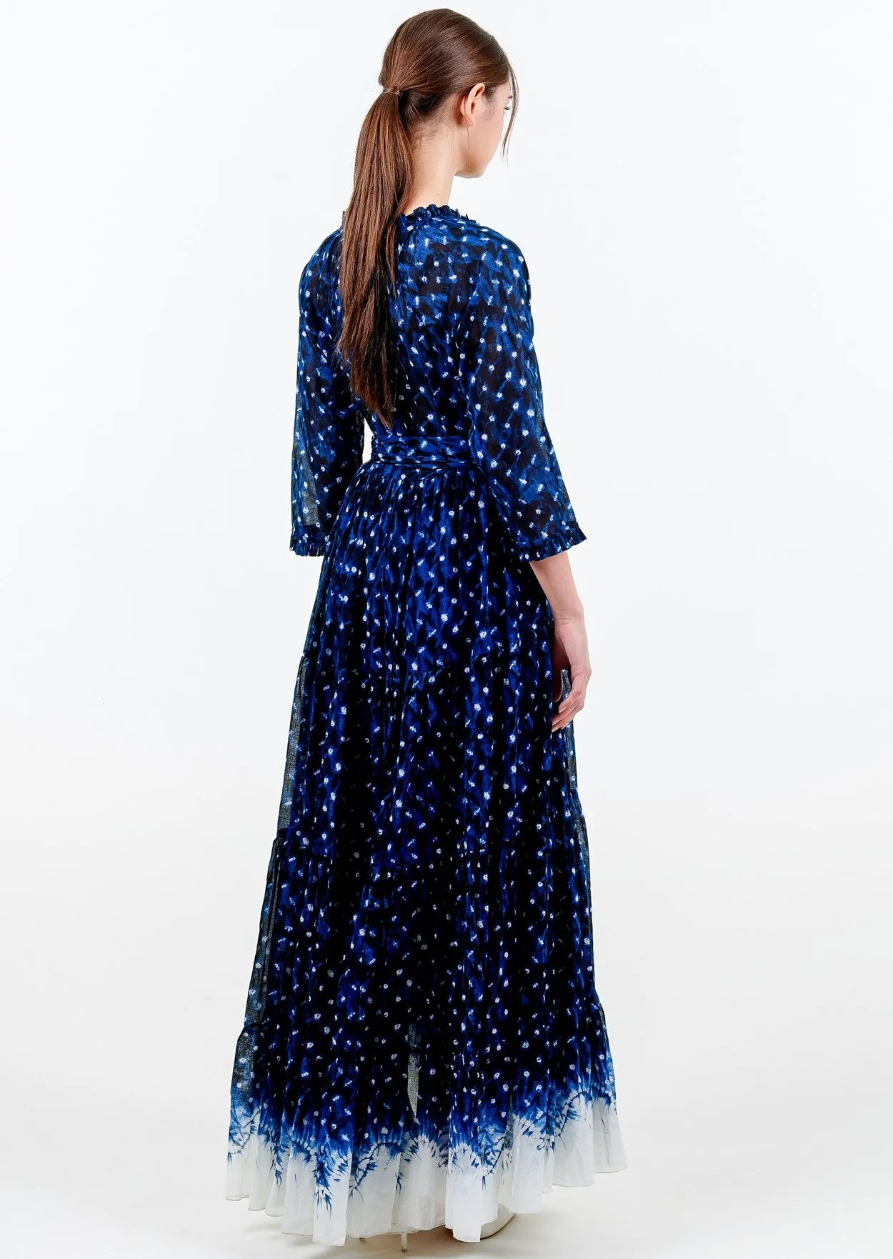 Eden Dress Crew Neck 3/4 Sleeve with Hamilton Belt Maxi Length Cotton Musola (Shibori Midnight Border)