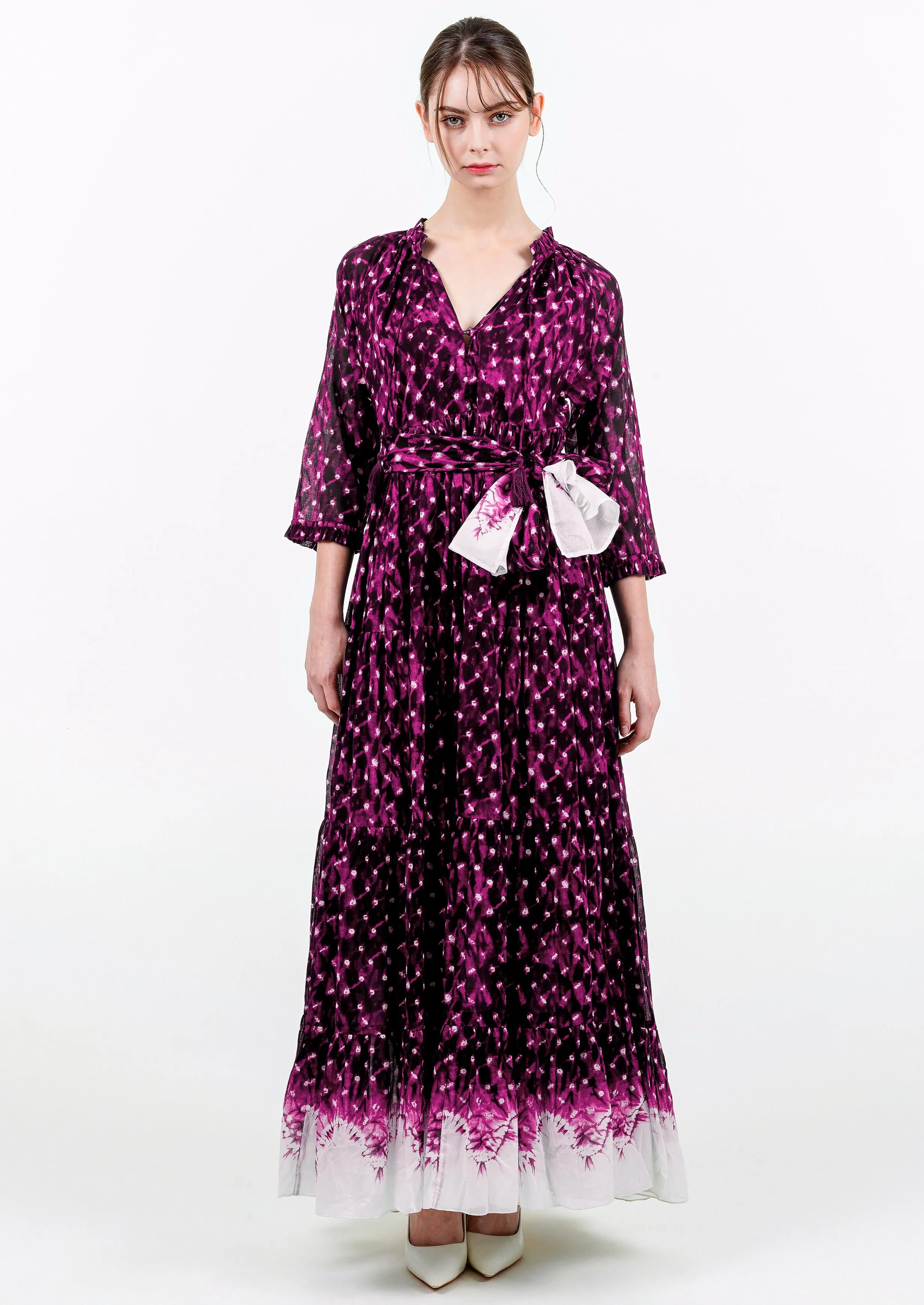 Eden Dress Crew Neck 3/4 Sleeve with Hamilton Belt Maxi Length Cotton Musola (Shibori Midnight Border)