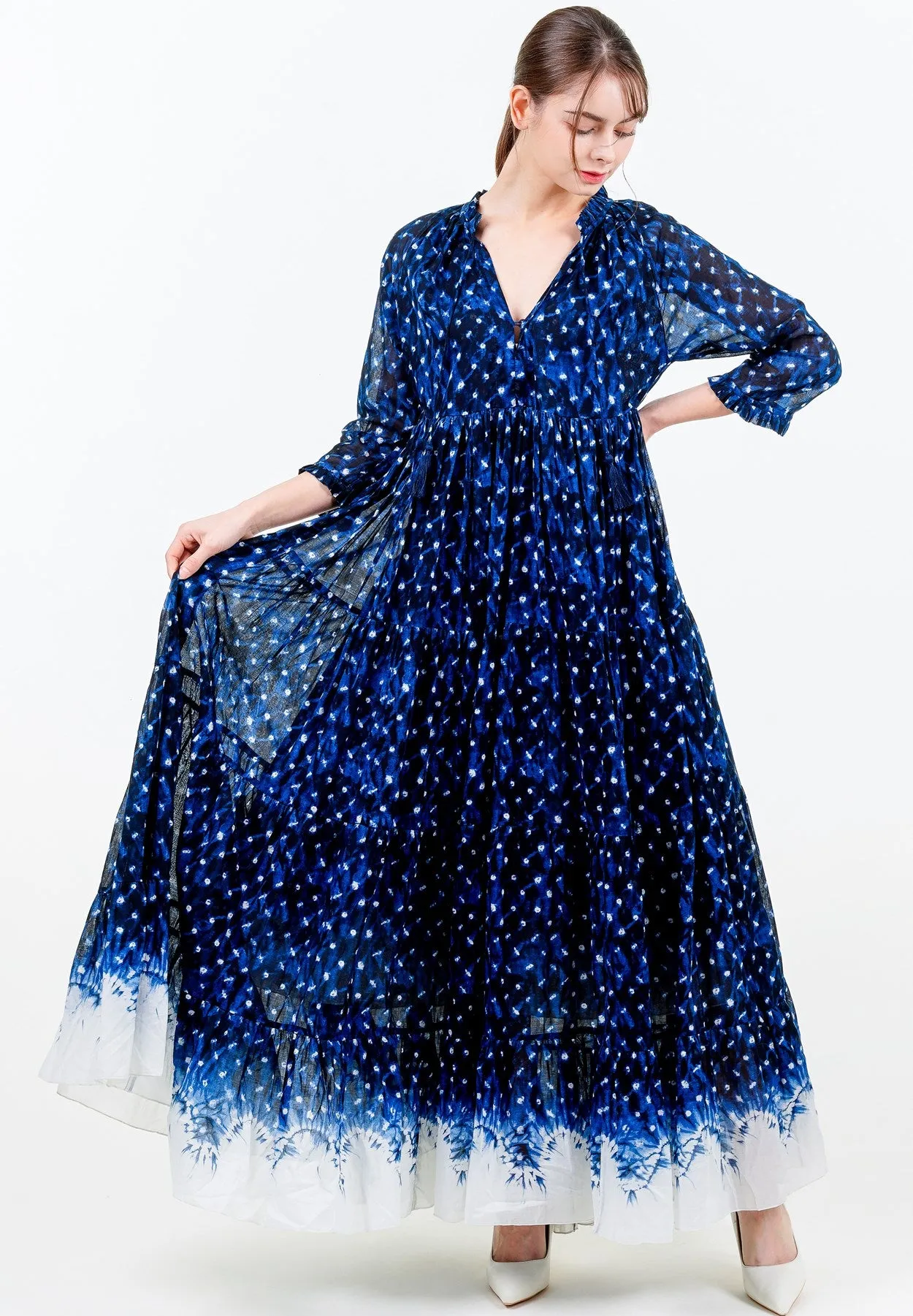 Eden Dress Crew Neck 3/4 Sleeve with Hamilton Belt Maxi Length Cotton Musola (Shibori Midnight Border)