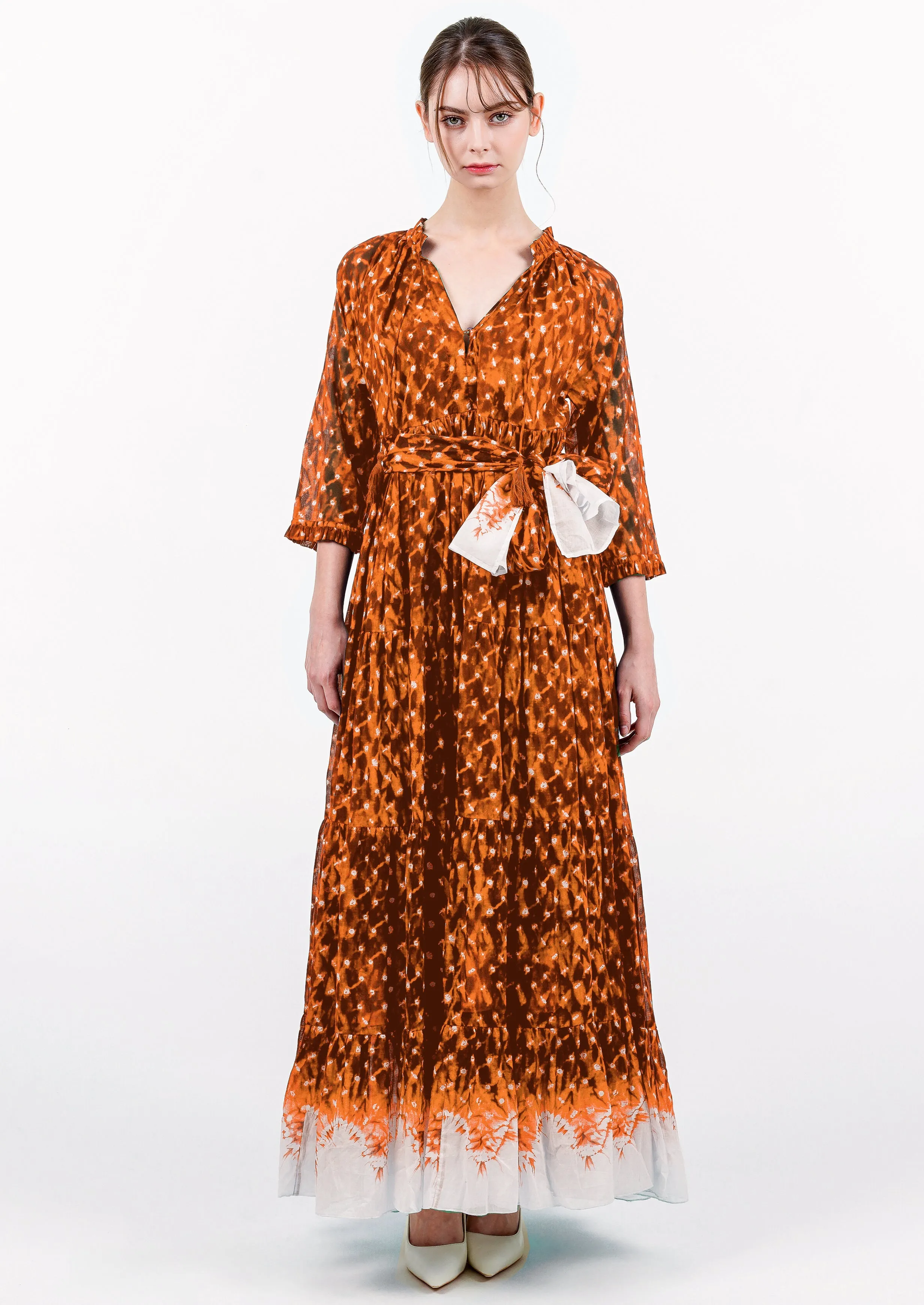 Eden Dress Crew Neck 3/4 Sleeve with Hamilton Belt Maxi Length Cotton Musola (Shibori Midnight Border)