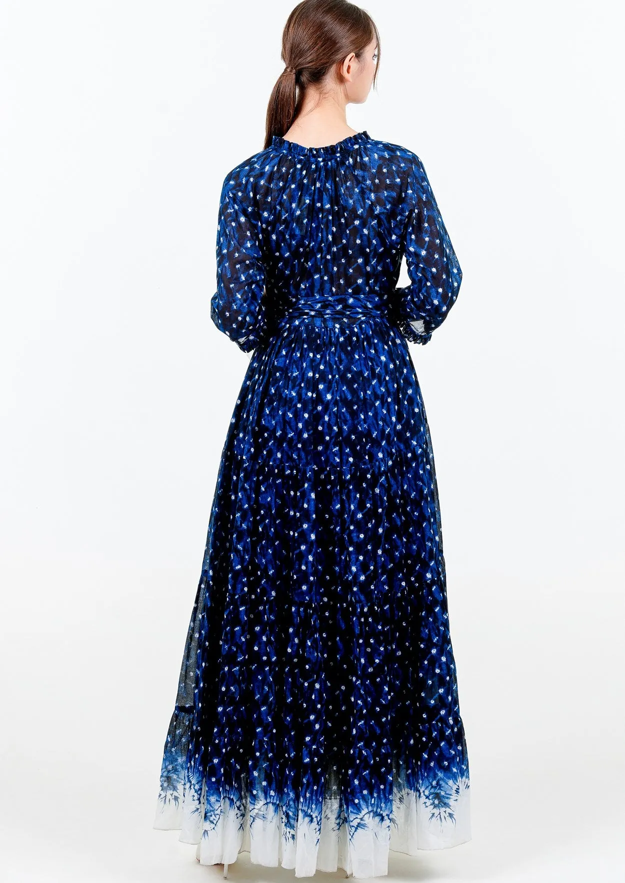 Eden Dress Crew Neck 3/4 Sleeve with Hamilton Belt Maxi Length Cotton Musola (Shibori Midnight Border)