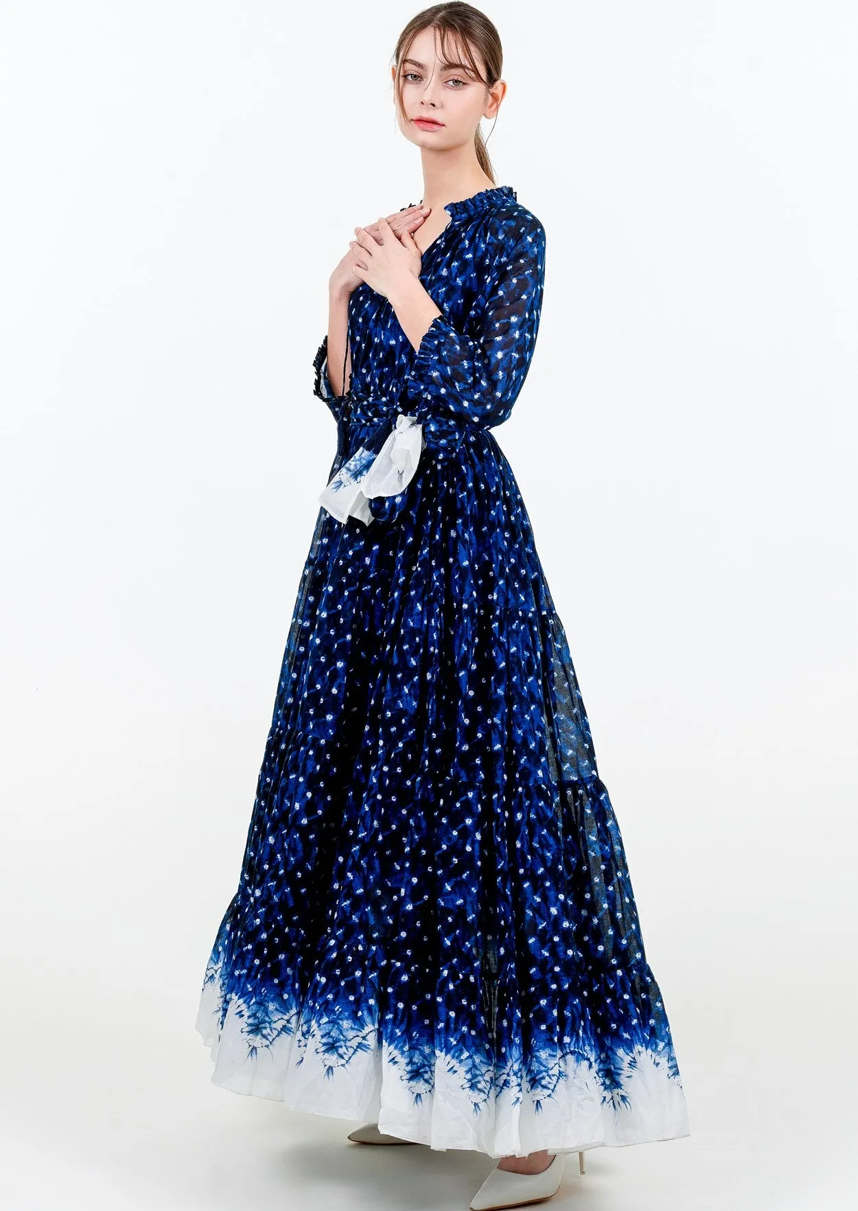 Eden Dress Crew Neck 3/4 Sleeve with Hamilton Belt Maxi Length Cotton Musola (Shibori Midnight Border)