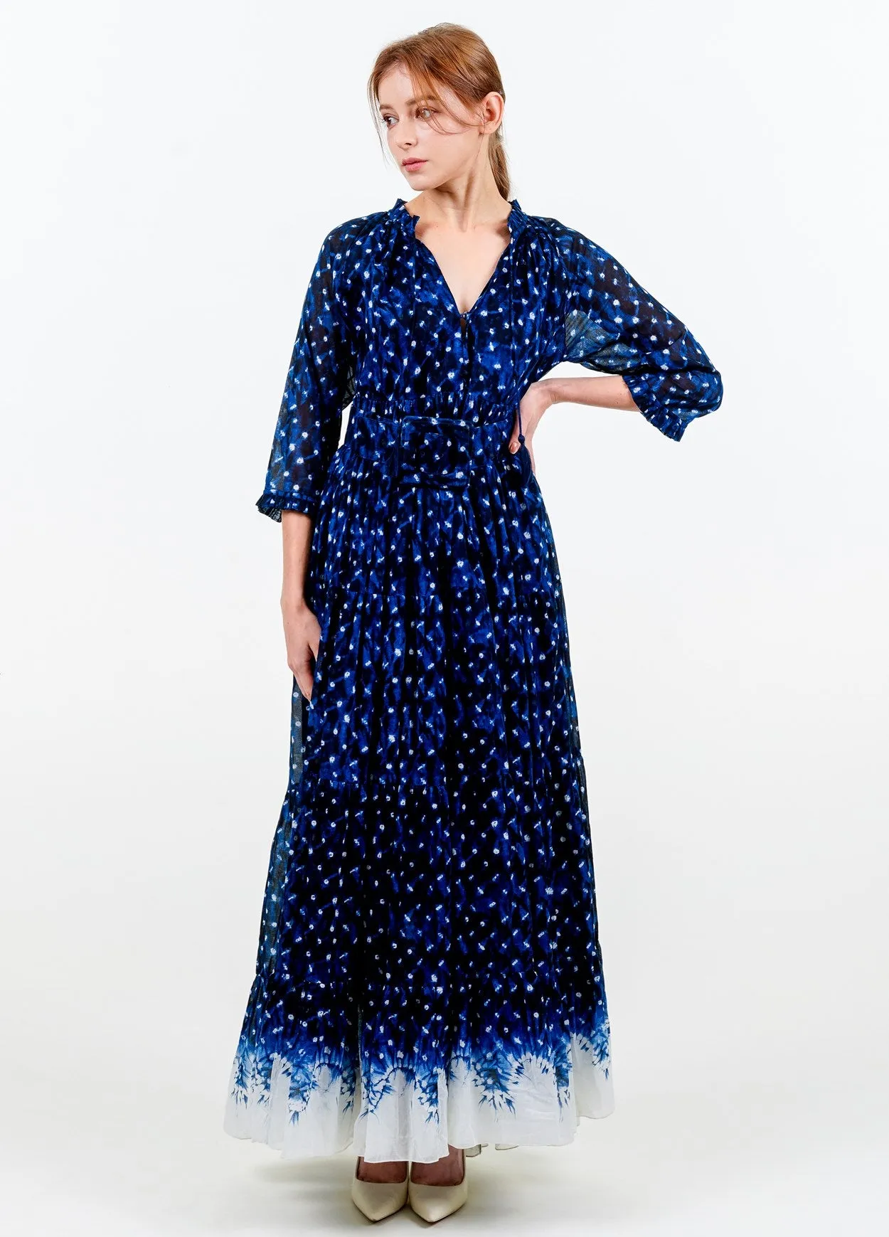 Eden Dress Crew Neck 3/4 Sleeve with Hamilton Belt Maxi Length Cotton Musola (Shibori Midnight Border)