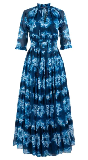 Eden Dress Crew Neck 3/4 Sleeve with Hamilton Belt Maxi Length Cotton Musola (Shibori Star)