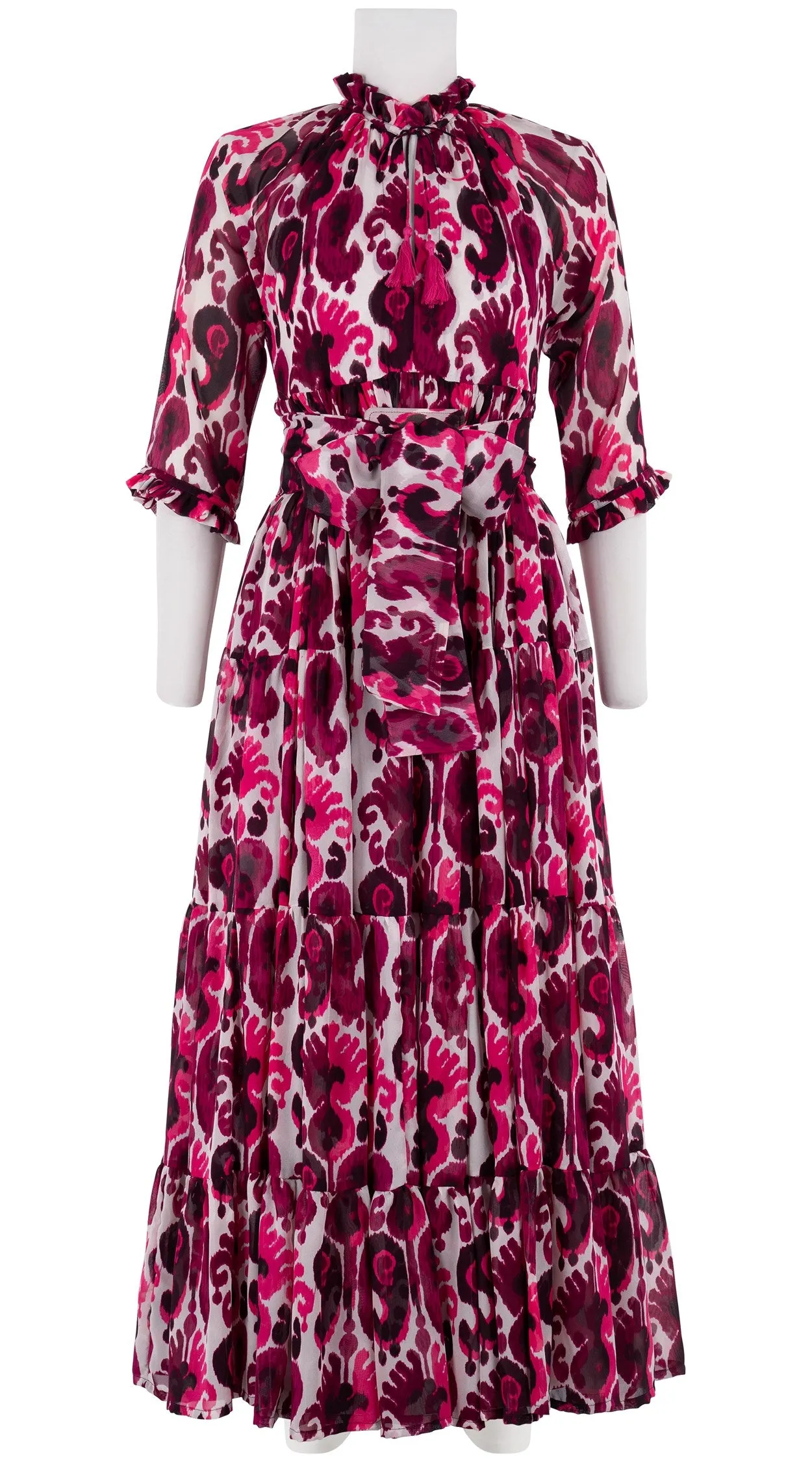 Eden Dress Crew Neck 3/4 Sleeve with Hamilton Belt Maxi Length Silk GGT (Ikat Java)